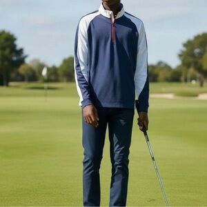 FootJoy Junior Golf Pullover Long Sleeve 1/2 Zip Top Kids Size S 8-10 Navy Whit